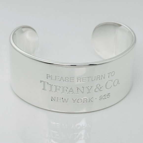 Size 6.25" Please Return to Tiffany & Co Wide Cuff Bracelet in Sterling Silver - Picture 1 of 7